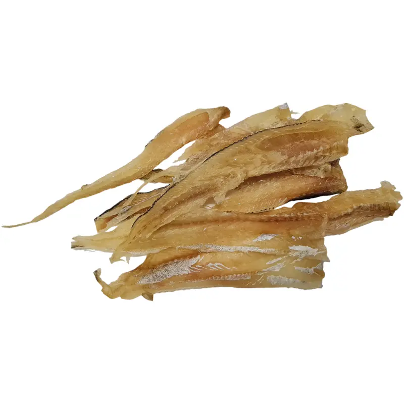 Snack aus Blauer Wittling (Micromesistius poutassou) mit Haut, gesalzen und gedörrt, aufgetaut / lose