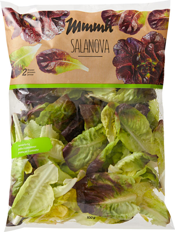 Salade Salanova Mmmh , prête à consommer, épluchée et lavée, provenance indiquée sur l’emballage, 100 g