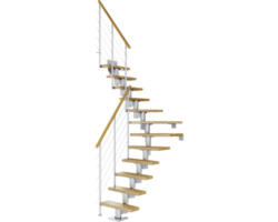 Pertura Mittelholmtreppe Spiros Perlgrau 1/4 gewendelt unten links/rechts 65 cm Relinggeländer Eiche Lackiert 14 Stufen / 15 Steigungen