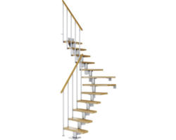 Pertura Mittelholmtreppe Spiros Perlgrau 1/4 gewendelt unten links/rechts 75 cm Stabgeländer Eiche Lackiert 12 Stufen / 13 Steigungen