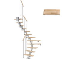 Pertura Mittelholmtreppe Spiros Perlgrau 1/2-gewendelt 65 cm Stabgeländer Buche Leimholz Lackiert 12 Stufen / 13 Steigungen