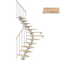 Pertura Mittelholmtreppe Chiron Perlgrau 1/4 gewendelt unten links/rechts 75 cm Stabgeländer Buche Leimholz Lackiert 12 Stufen / 13 Steigungen