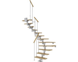 Pertura Mittelholmtreppe Chiron Perlgrau 1/2-gewendelt 75 cm Stabgeländer Eiche Leimholz Lackiert 12 Stufen / 13 Steigungen