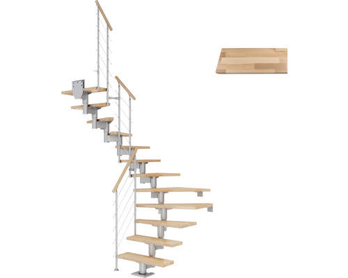 Pertura Mittelholmtreppe Chiron Perlgrau 1/2-gewendelt 75 cm Relinggeländer Buche Leimholz Lackiert 13 Stufen / 14 Steigungen