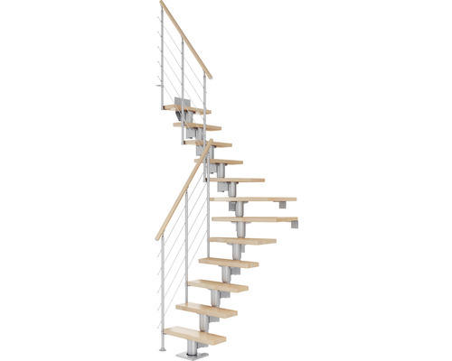 Pertura Mittelholmtreppe Spiros Perlgrau 1/4 gewendelt unten links/rechts 65 cm Relinggeländer Buche Leimholz Lackiert 14 Stufen / 15 Steigungen