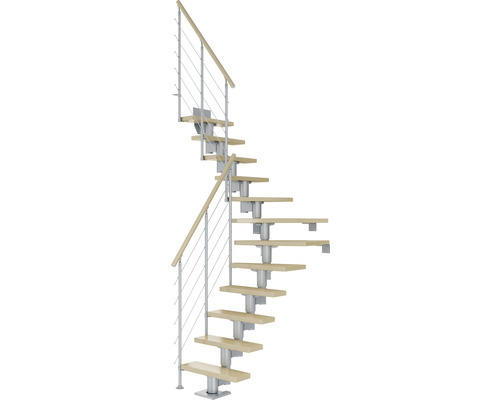 Pertura Mittelholmtreppe Spiros Perlgrau 1/4 gewendelt unten links/rechts 65 cm Relinggeländer Ahorn Leimholz Lackiert 14 Stufen / 15 Steigungen