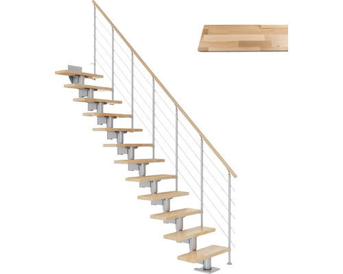 Pertura Mittelholmtreppe Chiron Perlgrau Gerade 75 cm Relinggeländer Buche Leimholz Lackiert 11 Stufen / 12 Steigungen