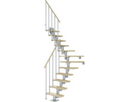 Pertura Mittelholmtreppe Spiros Perlgrau 1/4 gewendelt unten links/rechts 65 cm Stabgeländer Ahorn Leimholz Lackiert 12 Stufen / 13 Steigungen