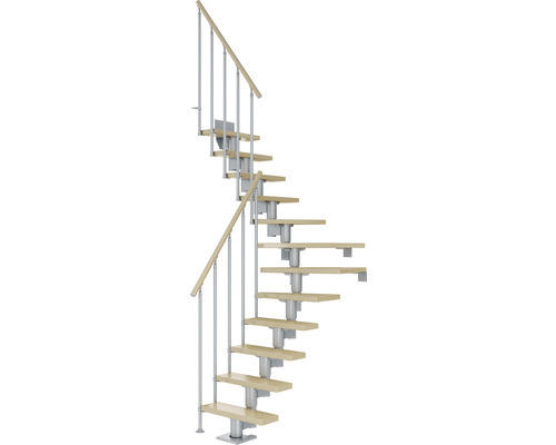 Pertura Mittelholmtreppe Spiros Perlgrau 1/4 gewendelt unten links/rechts 65 cm Stabgeländer Ahorn Leimholz Lackiert 12 Stufen / 13 Steigungen