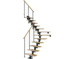 Pertura Mittelholmtreppe Chiron Anthrazit 1/4 gewendelt unten links/rechts 75 cm Relinggeländer Eiche Leimholz Lackiert 13 Stufen / 14 Steigungen