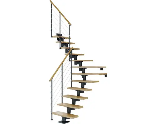 Pertura Mittelholmtreppe Chiron Anthrazit 1/4 gewendelt unten links/rechts 75 cm Relinggeländer Eiche Leimholz Lackiert 13 Stufen / 14 Steigungen