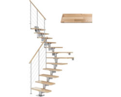 Pertura Mittelholmtreppe Chiron Perlgrau 1/4 gewendelt unten links/rechts 75 cm Relinggeländer Buche Leimholz Lackiert 13 Stufen / 14 Steigungen