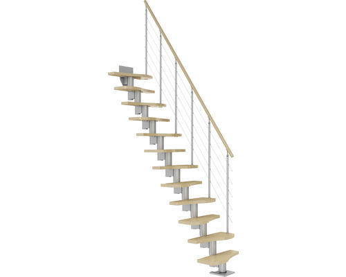 Pertura Mittelholmtreppe Raumspartreppe Vaia Perlgrau Variabel variabel 1/4 gewendelt unten links/rechts Gerade 64 cm Stabgeländer Ahorn Leimholz Lackiert 12 Stufen / 13 Steigungen