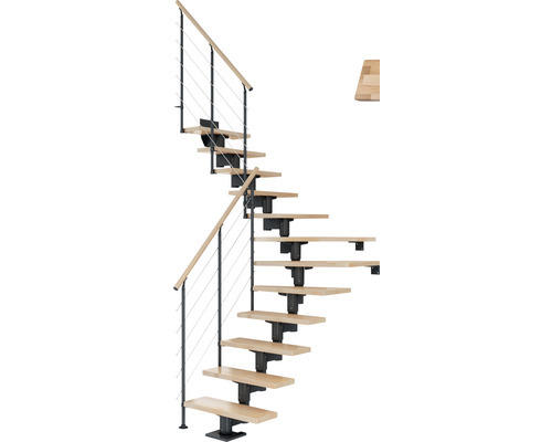 Pertura Mittelholmtreppe Chiron Anthrazit 1/4 gewendelt unten links/rechts 75 cm Relinggeländer Buche Leimholz Lackiert 13 Stufen / 14 Steigungen