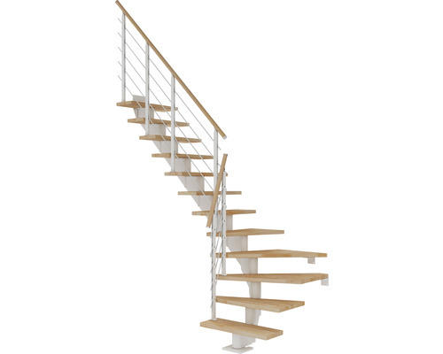 Pertura Mittelholmtreppe Alena Weiß 1/4 gewendelt unten links/rechts 85 cm Relinggeländer Buche Leimholz Geölt 13 Stufen / 14 Steigungen