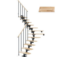 Pertura Mittelholmtreppe Chiron Anthrazit 1/4 gewendelt unten links/rechts 75 cm Stabgeländer Buche Leimholz Lackiert 12 Stufen / 13 Steigungen