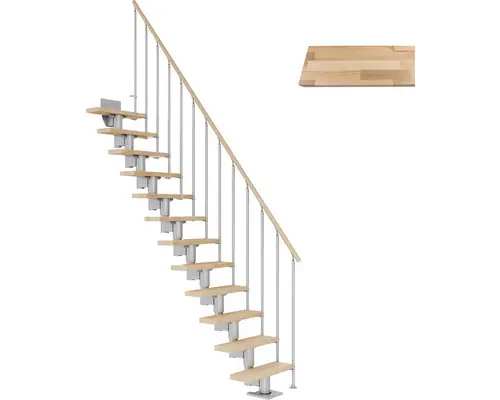 Pertura Mittelholmtreppe Spiros Perlgrau Gerade 65 cm Stabgeländer Buche Leimholz Lackiert 12 Stufen / 13 Steigungen