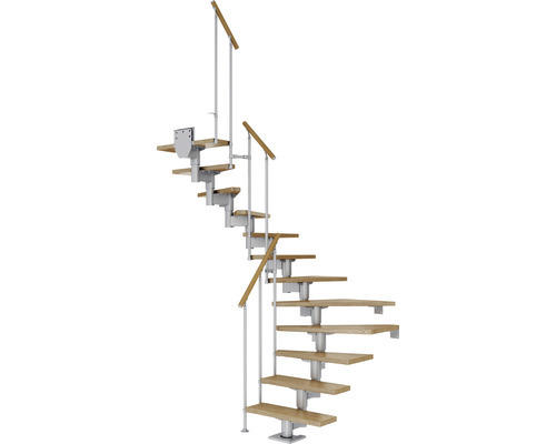 Pertura Mittelholmtreppe Chiron Perlgrau 1/2-gewendelt 75 cm Stabgeländer Eiche Lackiert 14 Stufen / 15 Steigungen