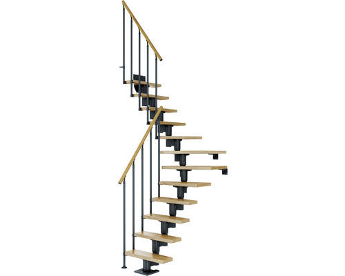 Pertura Mittelholmtreppe Spiros Anthrazit 1/4 gewendelt unten links/rechts 75 cm Stabgeländer Eiche Lackiert 11 Stufen / 12 Steigungen