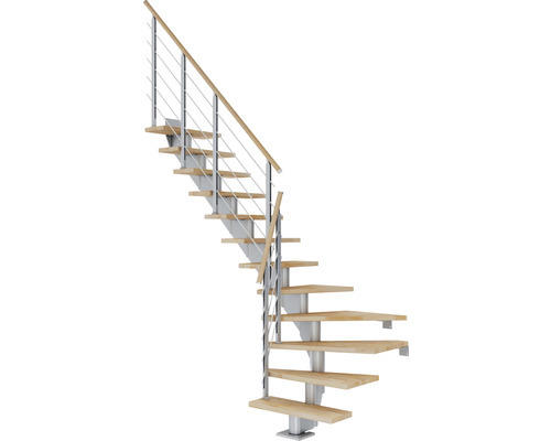 Pertura Mittelholmtreppe Alena Perlgrau 1/4 gewendelt unten links/rechts 85 cm Relinggeländer Buche Leimholz Geölt 12 Stufen / 13 Steigungen