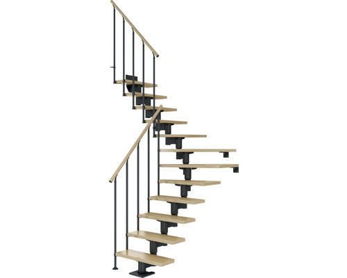 Pertura Mittelholmtreppe Chiron Anthrazit 1/4 gewendelt unten links/rechts 75 cm Stabgeländer Ahorn Leimholz Lackiert 12 Stufen / 13 Steigungen