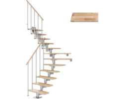 Pertura Mittelholmtreppe Chiron Perlgrau 1/4 gewendelt unten links/rechts 75 cm Stabgeländer Buche Leimholz Lackiert 11 Stufen / 12 Steigungen