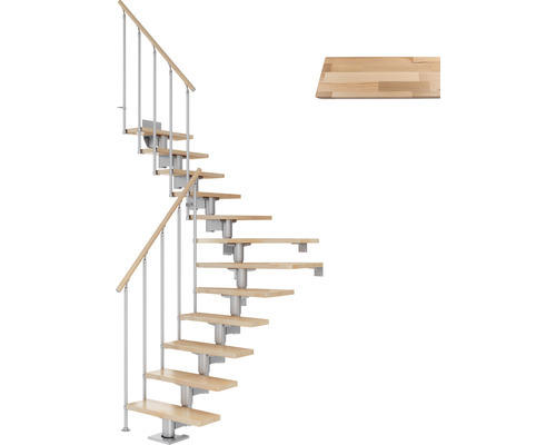 Pertura Mittelholmtreppe Chiron Perlgrau 1/4 gewendelt unten links/rechts 75 cm Stabgeländer Buche Leimholz Lackiert 11 Stufen / 12 Steigungen