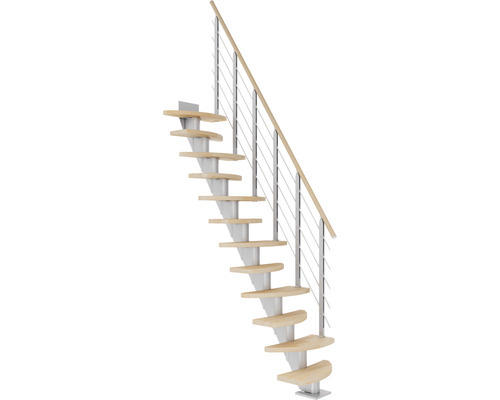 Pertura Mittelholmtreppe Aris Perlgrau Variabel variabel 1/4 gewendelt unten links/rechts Gerade 64 cm Relinggeländer Buche Leimholz Geölt 11 Stufen / 12 Steigungen