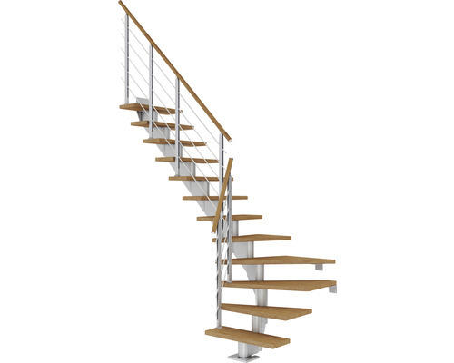 Pertura Mittelholmtreppe Alena Perlgrau 1/4 gewendelt unten links/rechts 85 cm Relinggeländer Eiche Leimholz Geölt 11 Stufen / 12 Steigungen