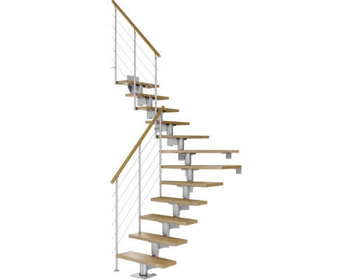 Pertura Mittelholmtreppe Chiron Perlgrau 1/4 gewendelt unten links/rechts 75 cm Relinggeländer Eiche Lackiert 14 Stufen / 15 Steigungen