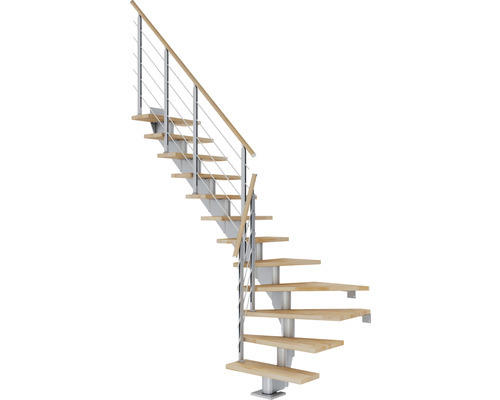 Pertura Mittelholmtreppe Alena Perlgrau 1/4 gewendelt unten links/rechts 75 cm Relinggeländer Buche Leimholz Geölt 14 Stufen / 15 Steigungen