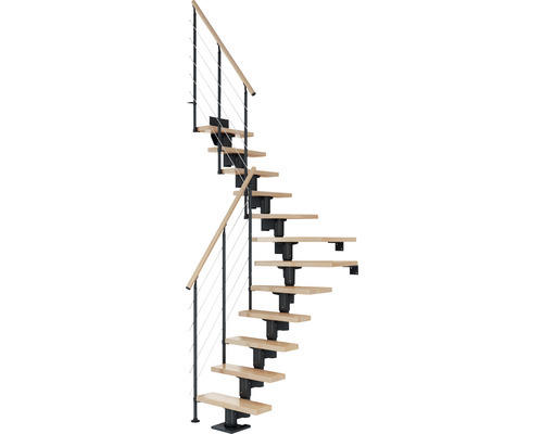 Pertura Mittelholmtreppe Spiros Anthrazit 1/4 gewendelt unten links/rechts 65 cm Relinggeländer Buche Leimholz Lackiert 11 Stufen / 12 Steigungen