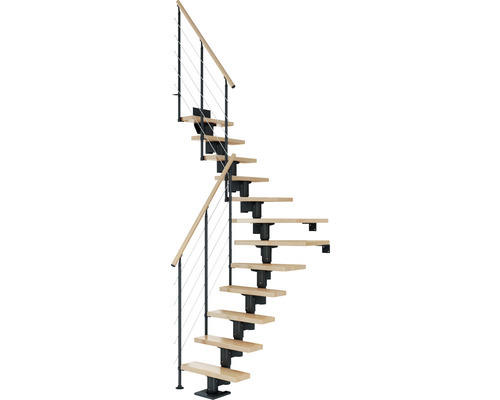 Pertura Mittelholmtreppe Spiros Anthrazit 1/4 gewendelt unten links/rechts 75 cm Relinggeländer Buche Leimholz Lackiert 12 Stufen / 13 Steigungen