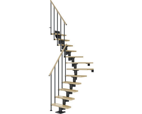 Pertura Mittelholmtreppe Spiros Anthrazit 1/4 gewendelt unten links/rechts 65 cm Stabgeländer Ahorn Leimholz Lackiert 12 Stufen / 13 Steigungen