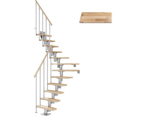 Pertura Mittelholmtreppe Spiros Perlgrau 1/4 gewendelt unten links/rechts 65 cm Stabgeländer Buche Leimholz Lackiert 12 Stufen / 13 Steigungen