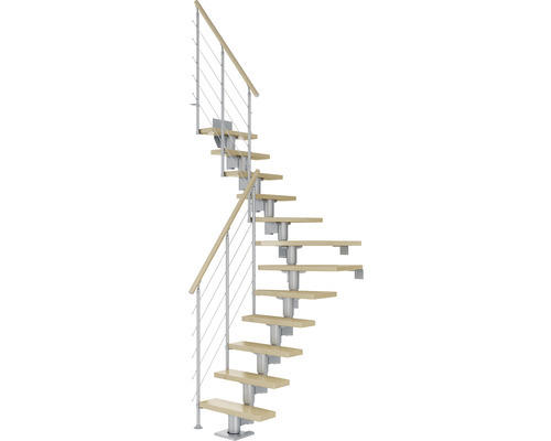 Pertura Mittelholmtreppe Spiros Perlgrau 1/4 gewendelt unten links/rechts 65 cm Relinggeländer Ahorn Leimholz Lackiert 13 Stufen / 14 Steigungen