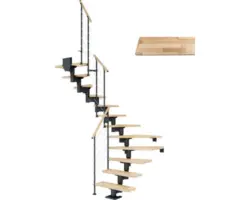 Pertura Mittelholmtreppe Chiron Anthrazit 1/2-gewendelt 75 cm Relinggeländer Buche Leimholz Lackiert 13 Stufen / 14 Steigungen