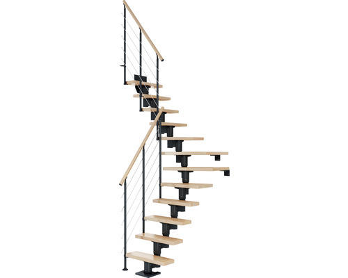 Pertura Mittelholmtreppe Spiros Anthrazit 1/4 gewendelt unten links/rechts 75 cm Relinggeländer Buche Leimholz Lackiert 14 Stufen / 15 Steigungen