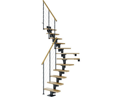 Pertura Mittelholmtreppe Spiros Anthrazit 1/4 gewendelt unten links/rechts 65 cm Relinggeländer Eiche Lackiert 11 Stufen / 12 Steigungen