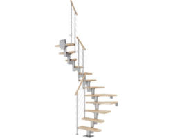 Pertura Mittelholmtreppe Spiros Perlgrau 1/2-gewendelt 75 cm Relinggeländer Buche Leimholz Lackiert 14 Stufen / 15 Steigungen