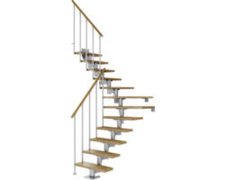 Pertura Mittelholmtreppe Chiron Perlgrau 1/4 gewendelt unten links/rechts 75 cm Stabgeländer Eiche Lackiert 14 Stufen / 15 Steigungen