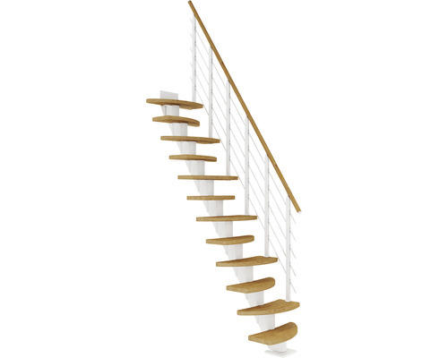 Pertura Mittelholmtreppe Aris Weiß Variabel variabel 1/4 gewendelt unten links/rechts Gerade 64 cm Relinggeländer Eiche Leimholz Geölt 10 Stufen / 11 Steigungen