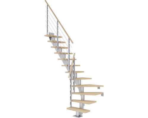 Pertura Mittelholmtreppe Malva Perlgrau 1/4 gewendelt unten links/rechts 65 cm Eiche Leimholz Geölt 12 Stufen / 13 Steigungen