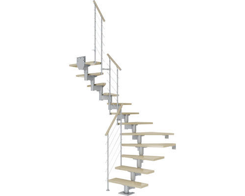 Pertura Mittelholmtreppe Chiron Perlgrau 1/2-gewendelt 75 cm Relinggeländer Ahorn Leimholz Lackiert 13 Stufen / 14 Steigungen