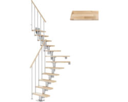 Pertura Mittelholmtreppe Spiros Perlgrau 1/4 gewendelt unten links/rechts 75 cm Stabgeländer Buche Leimholz Lackiert 12 Stufen / 13 Steigungen