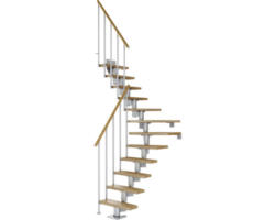 Pertura Mittelholmtreppe Spiros Perlgrau 1/4 gewendelt unten links/rechts 75 cm Stabgeländer Eiche Lackiert 13 Stufen / 14 Steigungen