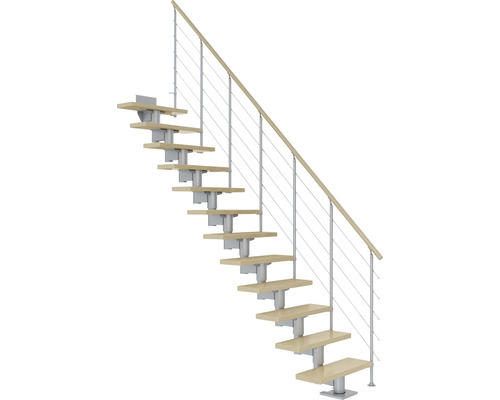 Pertura Mittelholmtreppe Chiron Perlgrau Gerade 75 cm Relinggeländer Ahorn Leimholz Lackiert 11 Stufen / 12 Steigungen