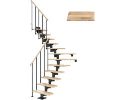 Pertura Mittelholmtreppe Chiron Anthrazit 1/4 gewendelt unten links/rechts 75 cm Stabgeländer Buche Leimholz Lackiert 11 Stufen / 12 Steigungen