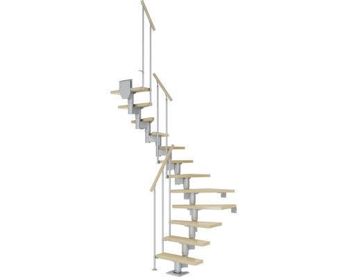 Pertura Mittelholmtreppe Spiros Perlgrau 1/2-gewendelt 65 cm Stabgeländer Ahorn Leimholz Lackiert 12 Stufen / 13 Steigungen