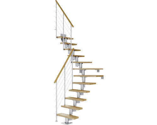 Pertura Mittelholmtreppe Spiros Perlgrau 1/4 gewendelt unten links/rechts 75 cm Relinggeländer Eiche Lackiert 14 Stufen / 15 Steigungen